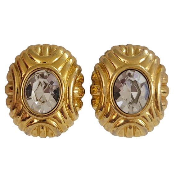 Monet Gold Tone Oval Clear Glass Rhinestone Center Clip-On Earrings, Signed K987 - Picture 1 of 9